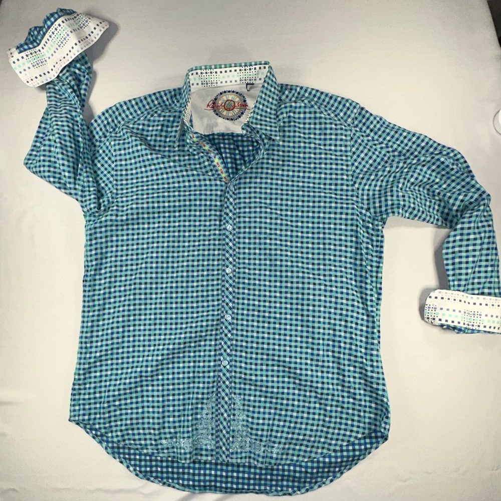 Robert Graham • Button Up Shirt Embroidered Flip Cuff Cotton Size Lg Checkered